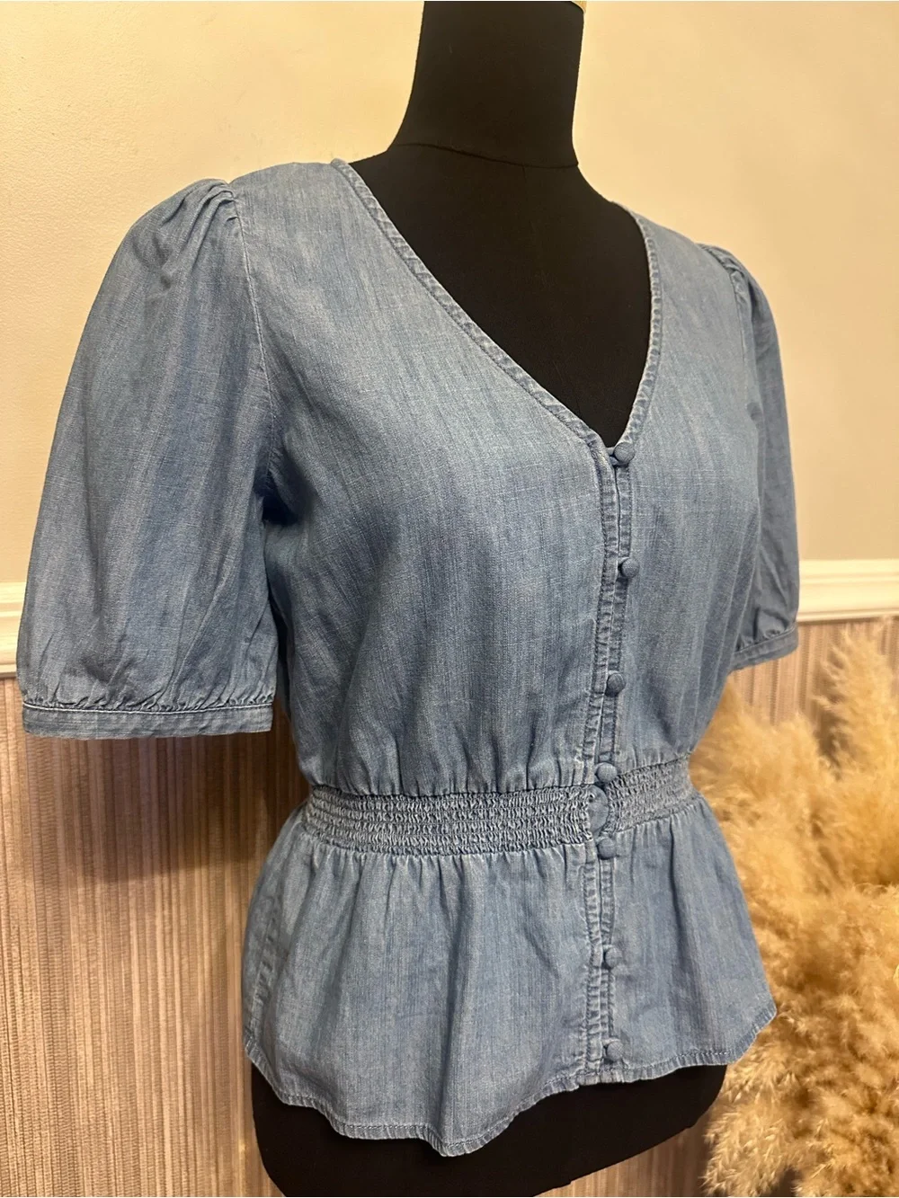 Madewell Chambray Smocked Waist Puff Sleeve Peplum Top NWT Size 2